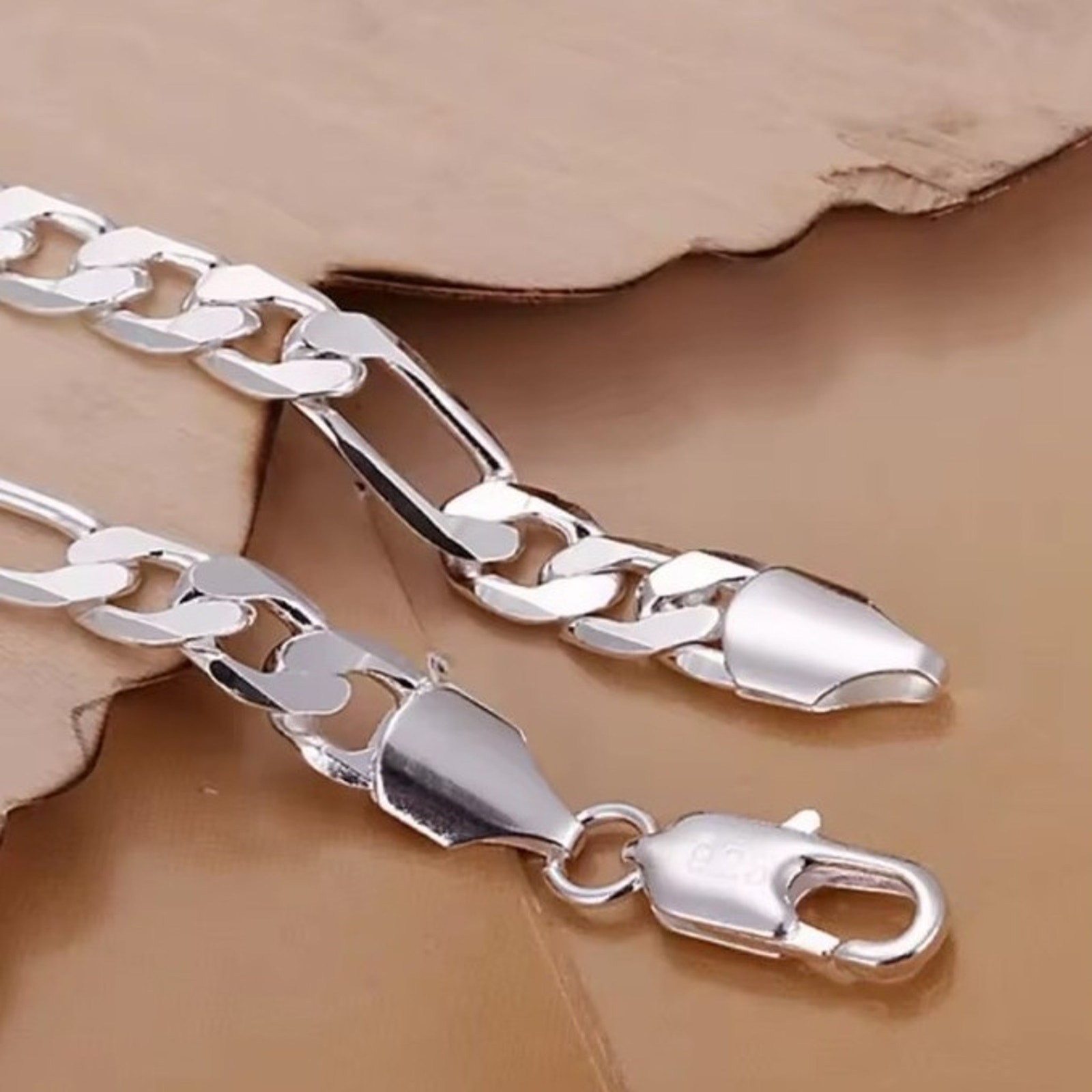 925 Silver Plated Bracelet Figaro 10mm Vintage Fashion Anniversary Birthday Gift